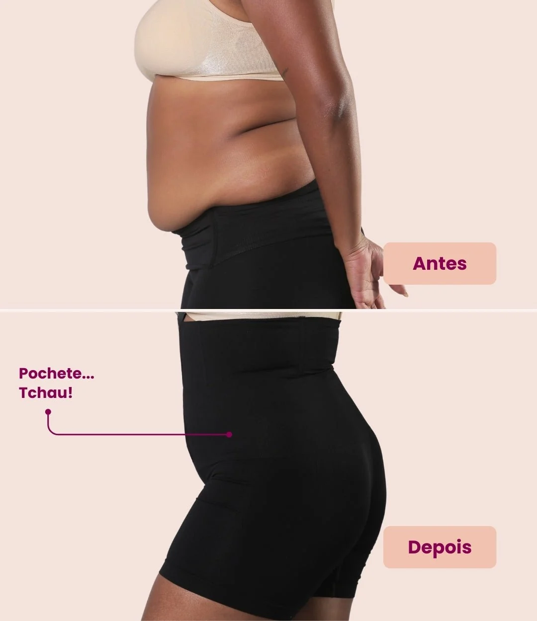 Comparativo visual lateral ao vestir o Shorts Modelador VELMORA