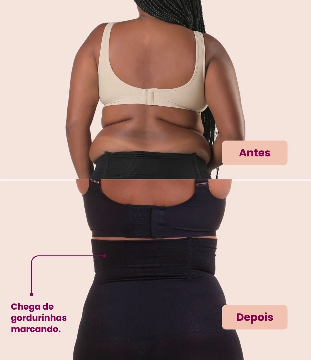 Comparativo visual de costas ao vestir o Shorts Modelador VELMORA