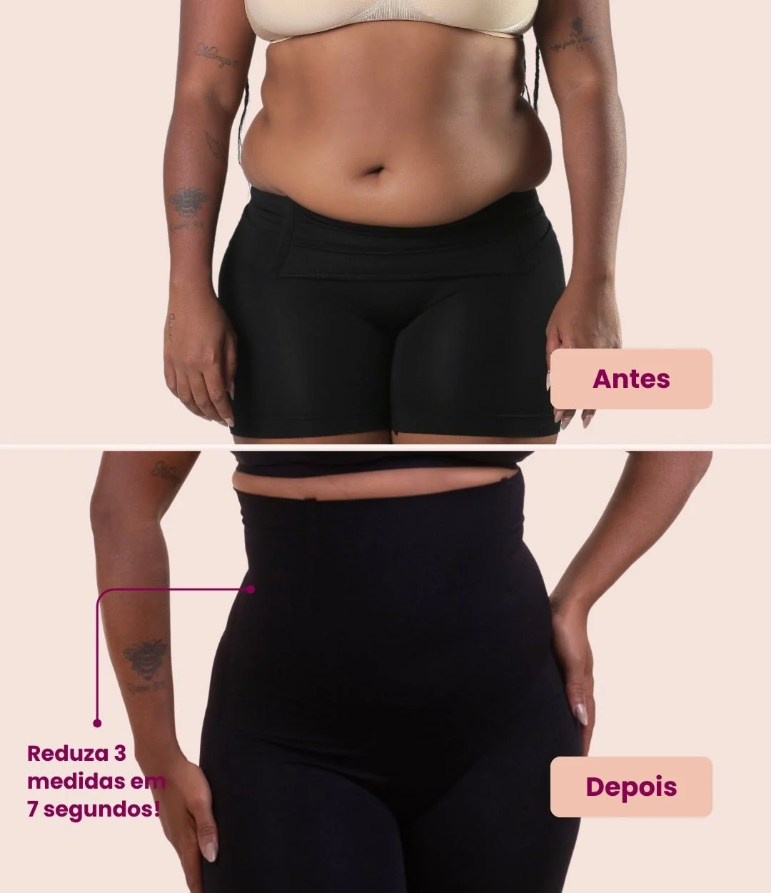 Comparativo visual frontal ao vestir o Shorts Modelador VELMORA